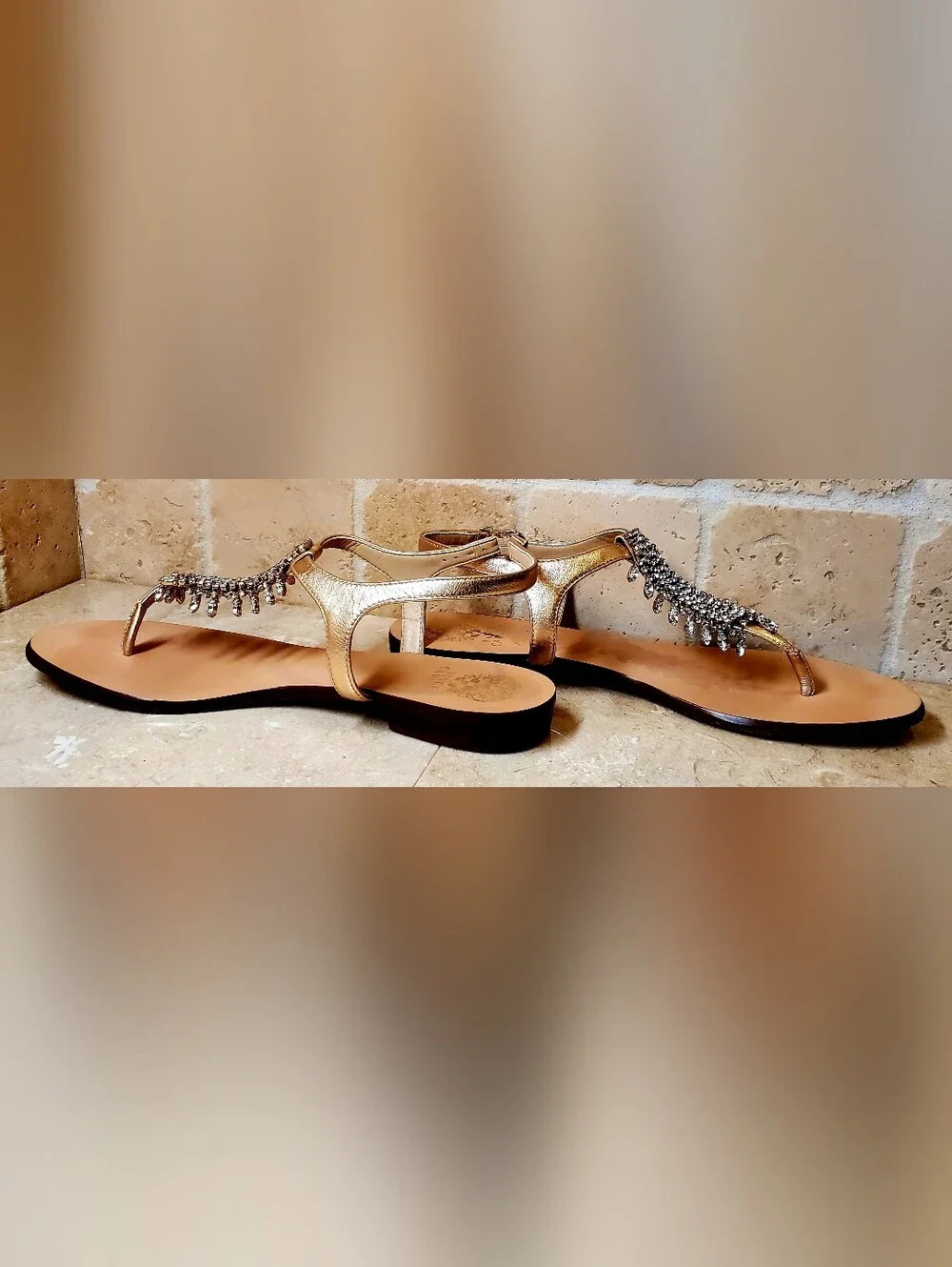 T-strap Flat Women's Sandals Size 10 Gold Leather with Crystal Embellishments